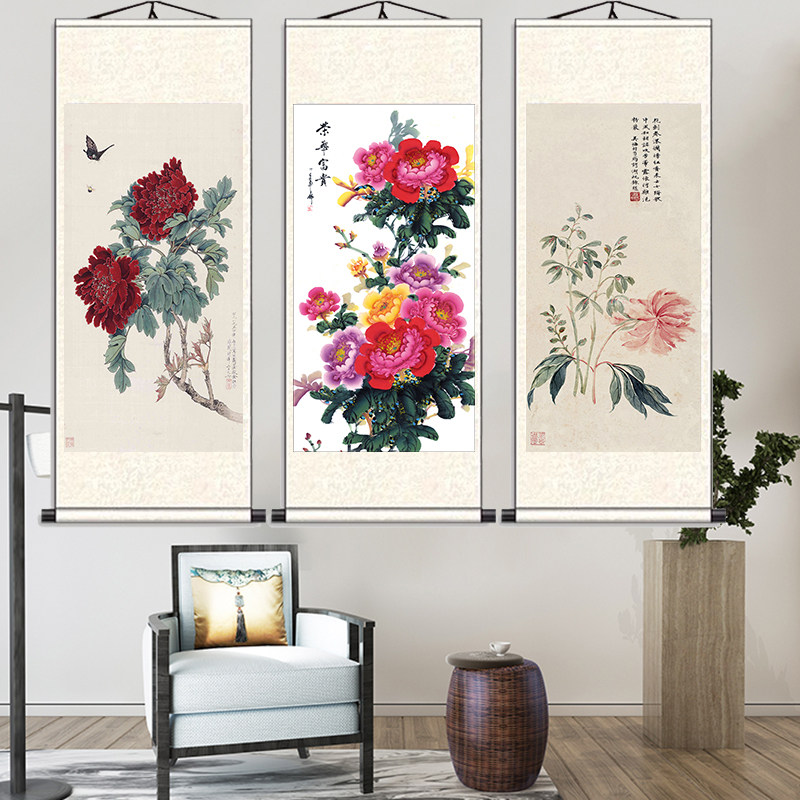 国画牡丹图家居客厅装饰r荣华沙漠玫瑰鸟画丝绸帆布条壁画酒店玄