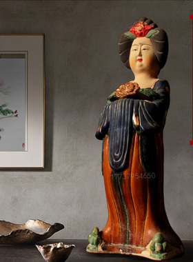 仿古唐仕女摆件陶瓷胖妞肥婆侍女洛阳西安中式手R工唐三彩仕女收