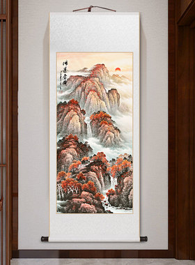 鸿运当头国画山水挂画竖版客厅玄关装饰壁画办公室V靠山图卷轴字