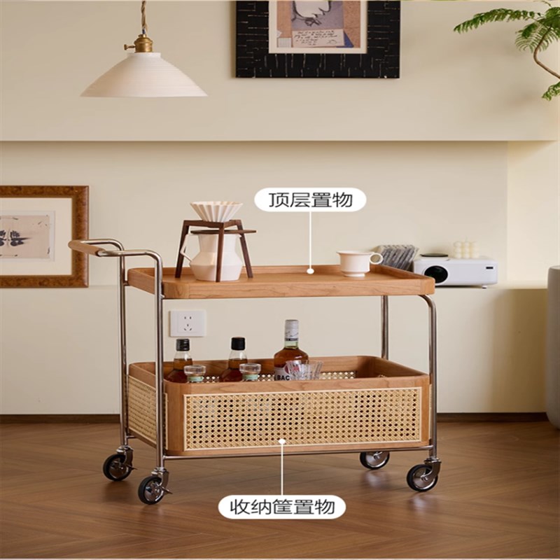 中古风实木边几黑胡桃木收纳小推车边几客厅沙发藤编可移动小茶几