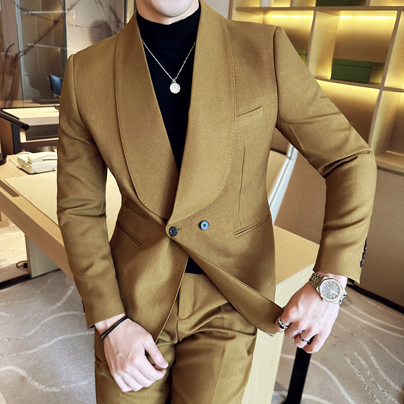秋冬墨绿色美式塔士多青果领双排扣西服男结婚敬酒宴会礼服套装潮