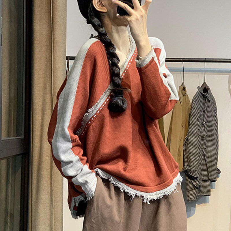 古与色秋冬复古散口撞色斜襟毛针织衫休闲宽松港味长袖毛衣上衣女