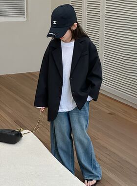 女童西服2024春季新款儿童黑色西装外套简约洋气百搭宽松中大童韩
