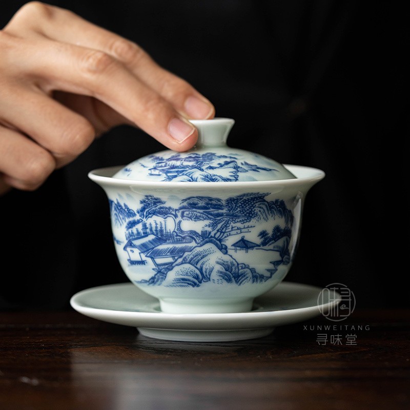 仿古泥青花三才碗复古中式盖碗青瓷山水釉下彩茶碗陶瓷功夫茶具