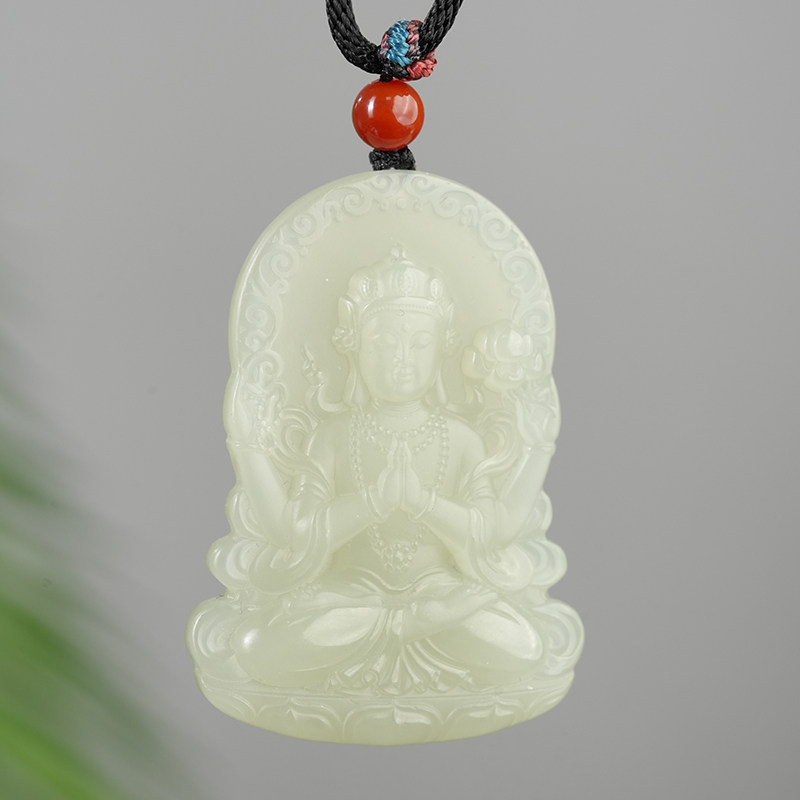 鑫浩矿业天然和田玉文殊菩萨沙枣青守护牌吊坠挂件平安福官方正品