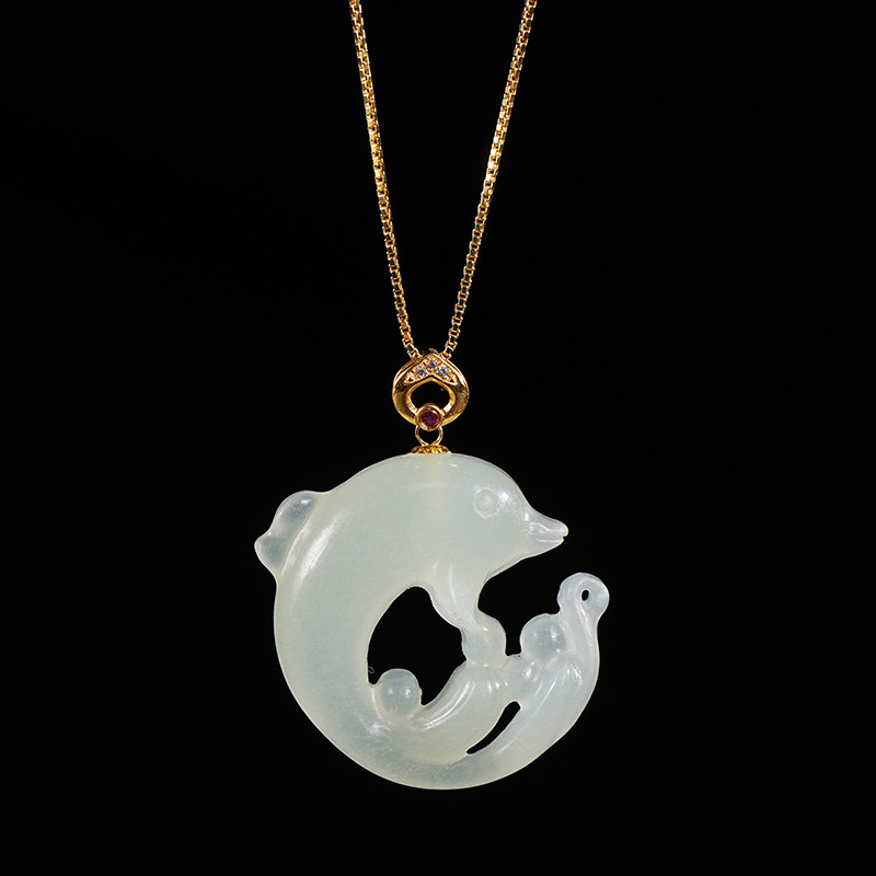 鑫浩矿业天然和田玉白玉深海精灵海豚吊坠项链玉石挂件饰官方正品