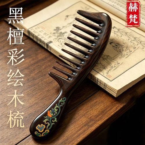 赫梵正宗黑檀彩绘檀木梳子宽齿梳加厚耐用头部按摩粗齿护发梳