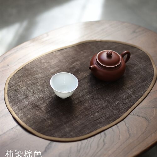 闲云夏布丨蛋形椭圆n方形柿染茶席手织苎麻布桌旗茶道配件古朴日