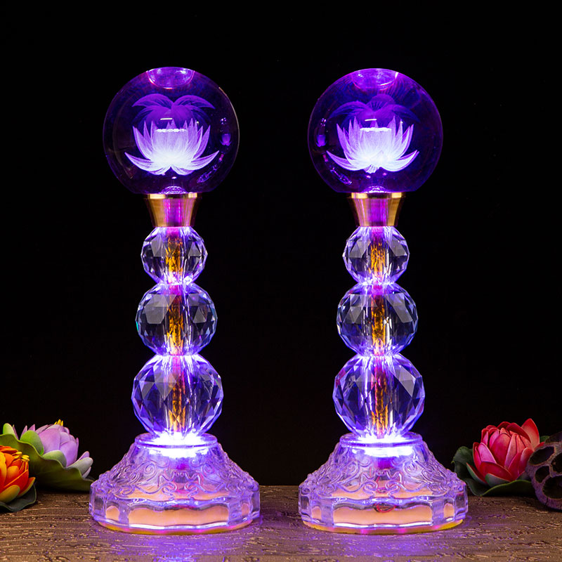 水晶球莲花灯佛供灯LED七彩长明家用荷花灯供台红光财神插电大号