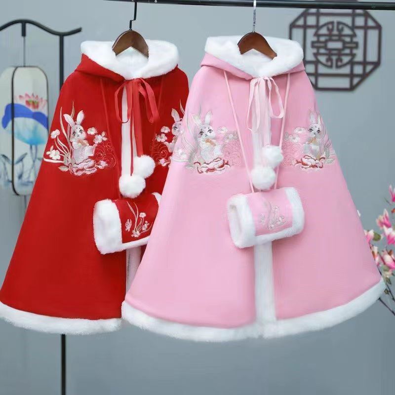 汉服新款披风斗篷儿童冬季女童秋冬加绒加厚保暖红色拜年古装公主