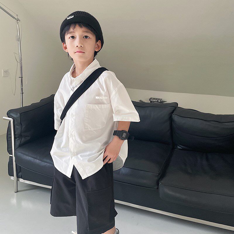 男童衬衫薄款短袖儿童白色衬衣2024新款夏季男宝宝上衣男孩夏装潮