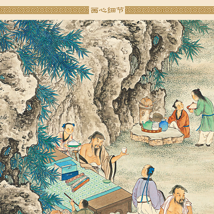 竹林七贤图人物画像 清晰茶酒文化复古装饰字画 绢布卷轴挂画定制