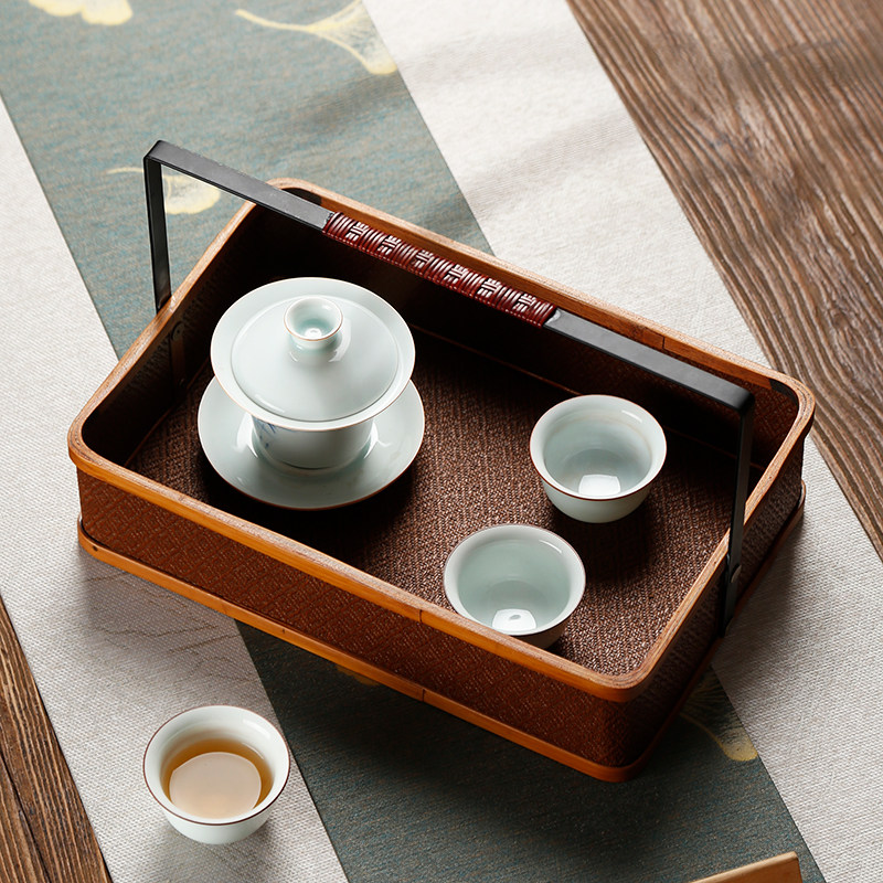 复古新中式铁艺藤编托盘提篮茶点果盘水果篮面包筐茶具收纳盒便携