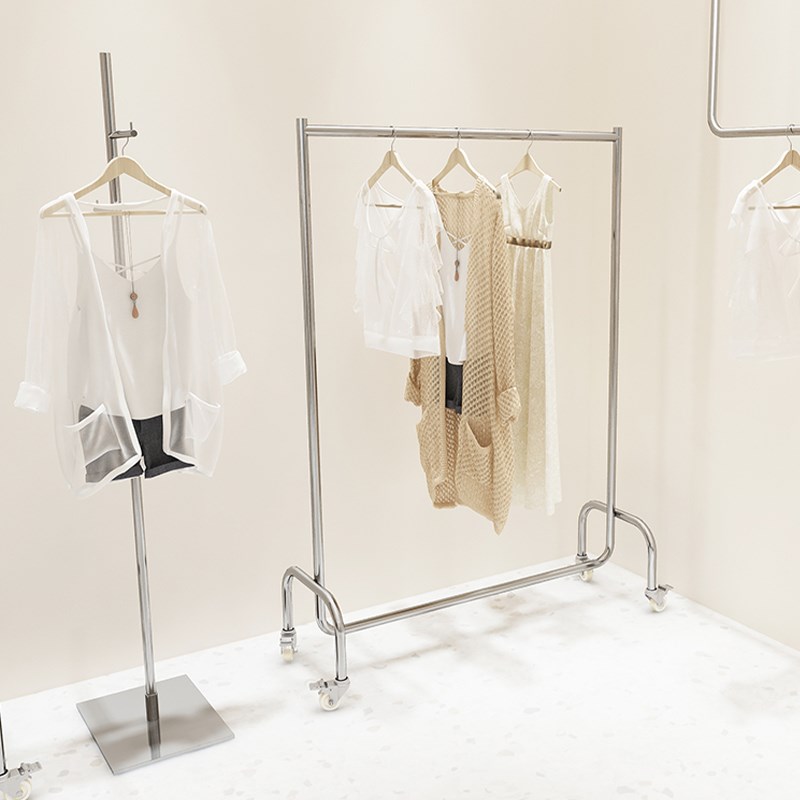 服装店挂衣杆落地不锈钢拉丝银色男女店展示架简约陈列货架带轮子