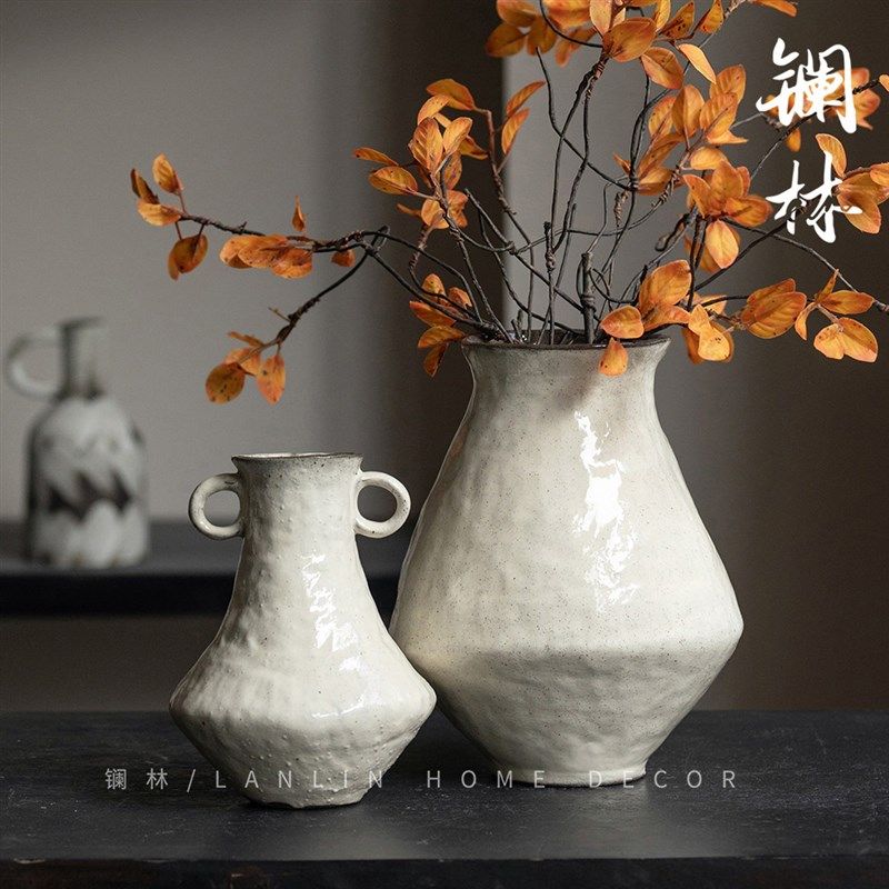 景德镇新中式手作花瓶侘寂风复古轻奢陶瓷花瓶客厅玄关皓羽瓶镧林