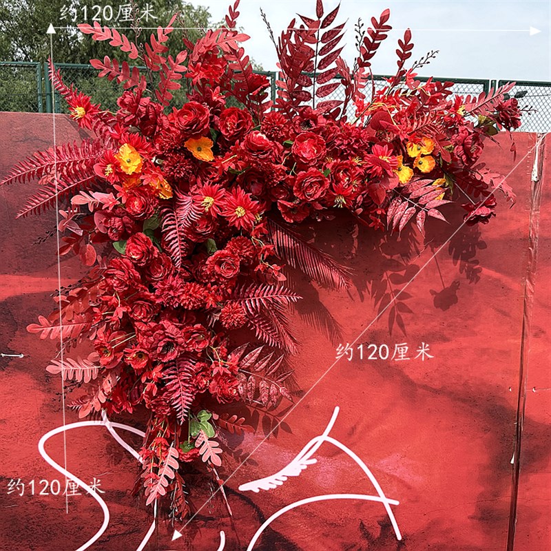 大红色中式婚庆地排花农村舞台挂花迎宾区角花装饰路引花绢花排花