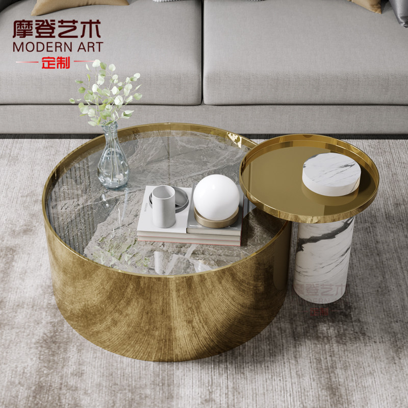 北欧轻奢大理石茶几小户型客厅简约美式玻璃圆茶几设计师组合边几