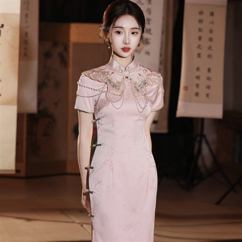 粉色云肩订婚旗袍2025新款女夏季新中式敬酒服礼服裙回门日常可穿