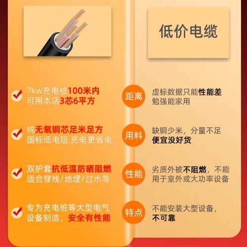 比亚迪充电桩线缆3芯专用7kw新能源汽车安装6平方国标铜芯YJV电线