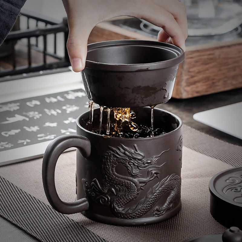 宜兴紫砂杯男士定制茶杯内胆过滤办公茶杯茶水分离刻字泡茶老板杯