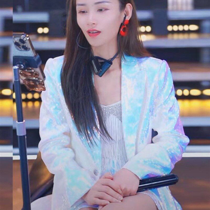 女主播歌手直播商演庆典婚庆主持亮银幻渐变密亮片西服套装演出服