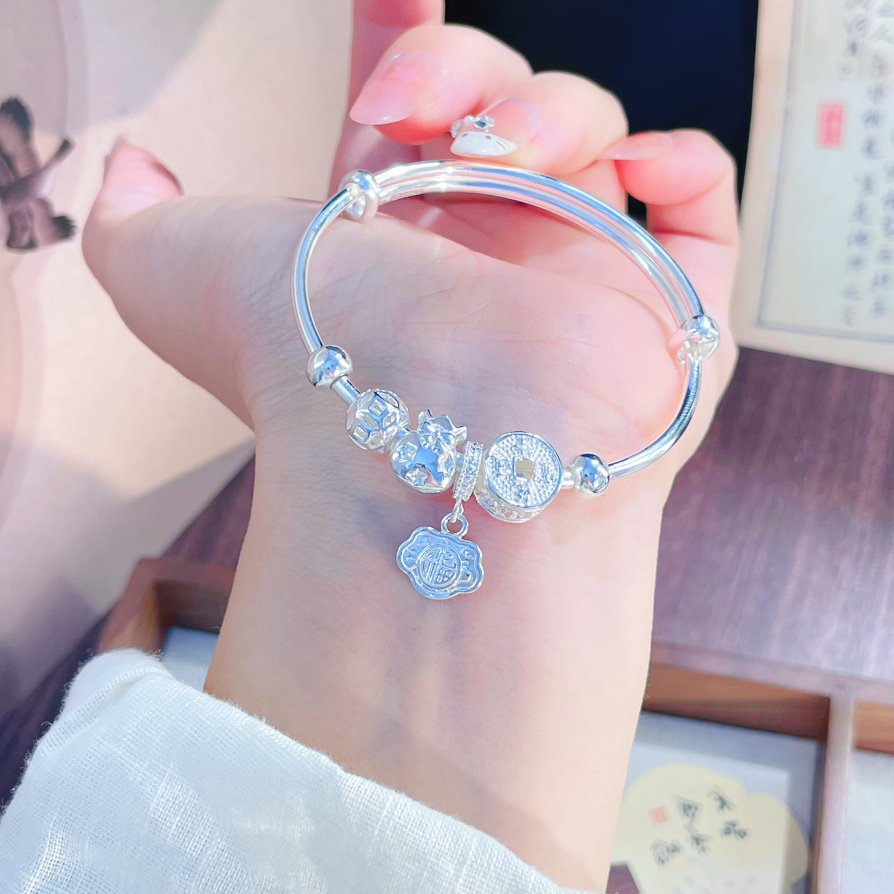 通宝钱袋福字锁足银9999推拉实心手镯女款简约光面百搭送女友礼物