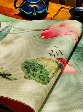 桌旗桌布茶几餐桌电视柜新中式A床旗荷花亚麻搭布防尘布布艺桌巾