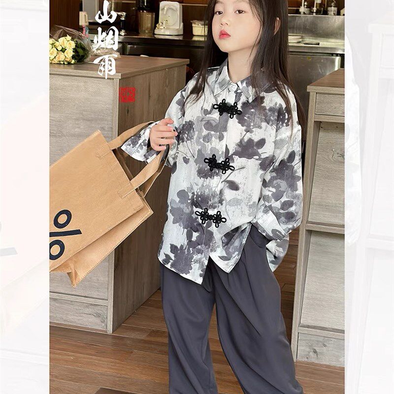 女童新中式水墨画衬衫2023秋季新款女孩国风复古洋气盘扣长袖衬衣