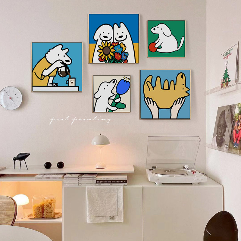 港画 小清新卡通画狗狗仿手绘油画小户型公寓组合动物背景墙挂画