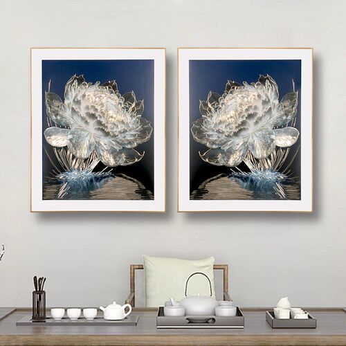 玄关装饰画入户正对门铜雕画光影睡莲竖版挂画中式客厅沙发背景墙