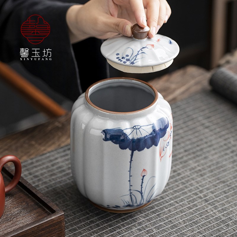 釉下彩手绘荷韵复古陶瓷茶叶罐大号密封防潮储茶罐红茶绿茶空罐