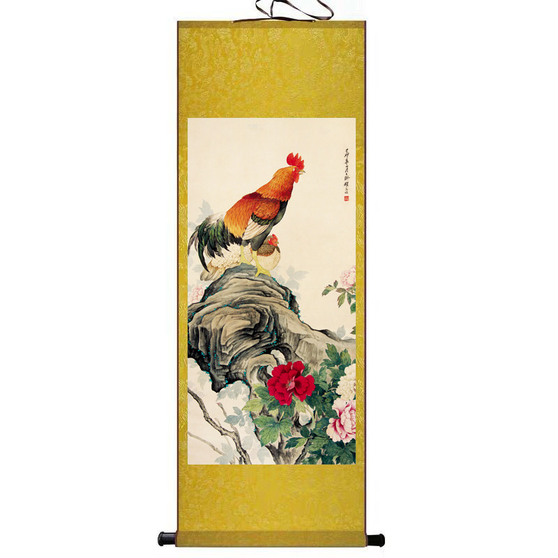国画大公鸡斗e方形字画客厅装饰画餐厅玄关中式画徐悲鸿鸡鸣富贵