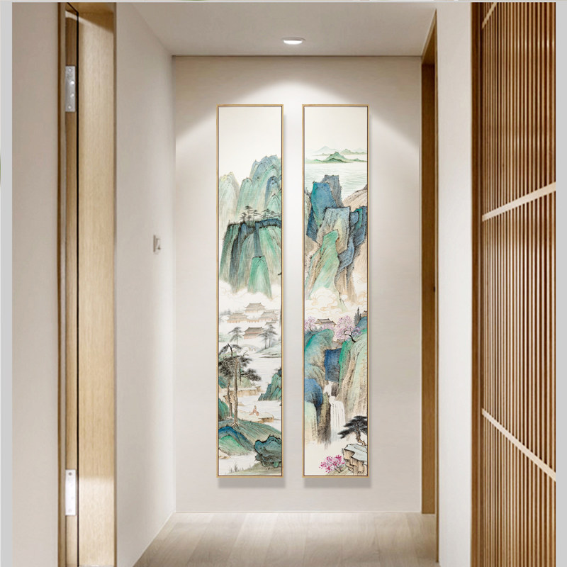 水墨宣言新中式竖长幅山水国画装饰画挂画书房茶室背景墙四联壁画