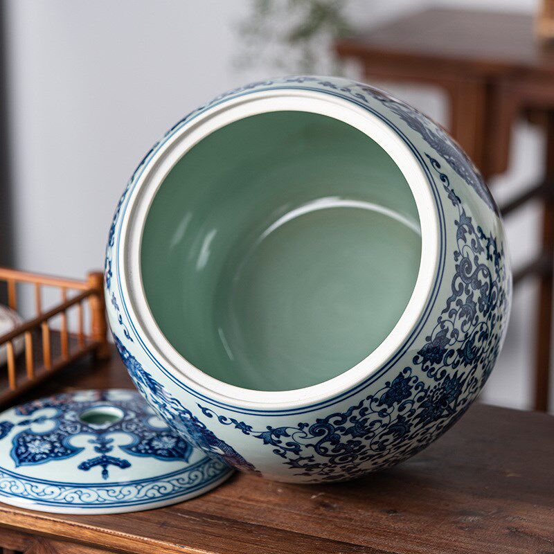 景德镇手绘青花瓷茶叶缸陶瓷器中式普洱储存罐家用密封罐特大号