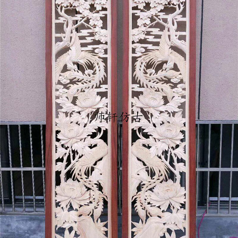 东阳木雕中式手工雕花板实木荷花鱼酒店电视背景墙屏风隔断定制