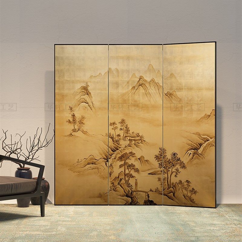 手绘新中式复古山水画古典金箔屏风客厅酒店壁画折叠隔断定制挂画
