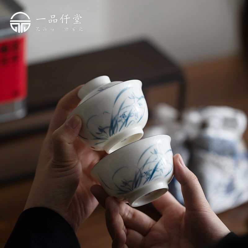 一品仟堂青己旅行茶具一盖碗一杯青花手绘一人饮便携陶瓷功夫茶具