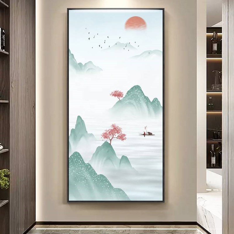 新中式玄关招财山水装饰画进门过道客厅竖版入户餐厅茶室墙面挂画
