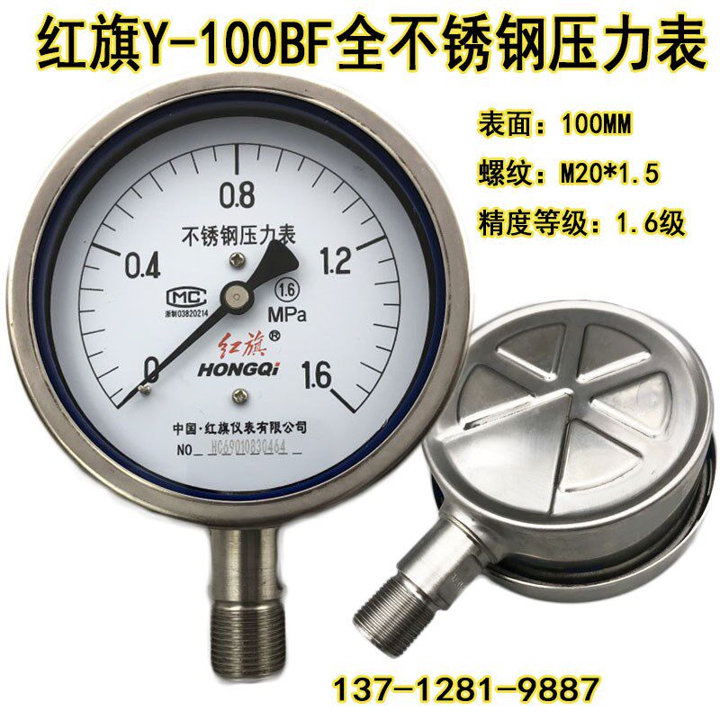 红旗Y-100BF不锈钢压力表 真空表耐高温防腐蚀蒸汽0-0.6 1 1.6MPA