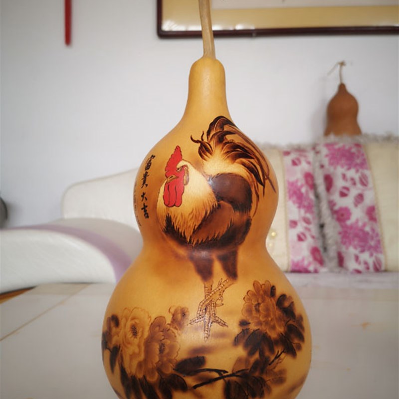 非物质文化遗产葫芦烙画天然纯手工艺术礼品鸡装饰摆件富贵大吉烫
