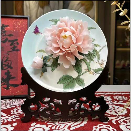陶瓷手工牡丹花挂盘玄关摆件家用客厅电视柜装饰工艺装饰品送礼