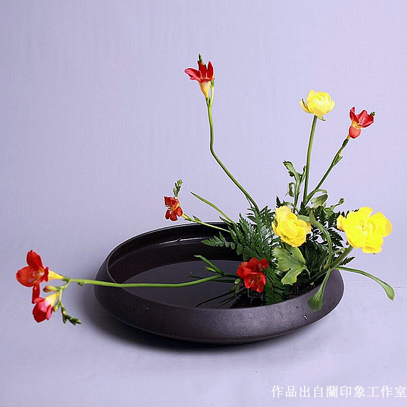 黑色磨砂花盆 小原流插花水培养殖陶瓷花器日式禅意中华花艺剑山