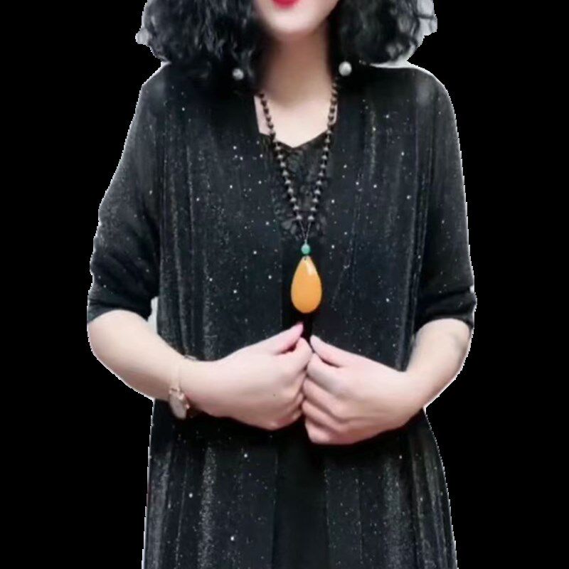夏季网纱外搭中长款宽松大码披肩外套中老年女装妈妈弹力开衫防晒