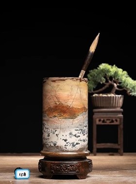 国画草花天然奇石花瓶笔筒四方柱实木底座摆件办公室玄关镇宅石头