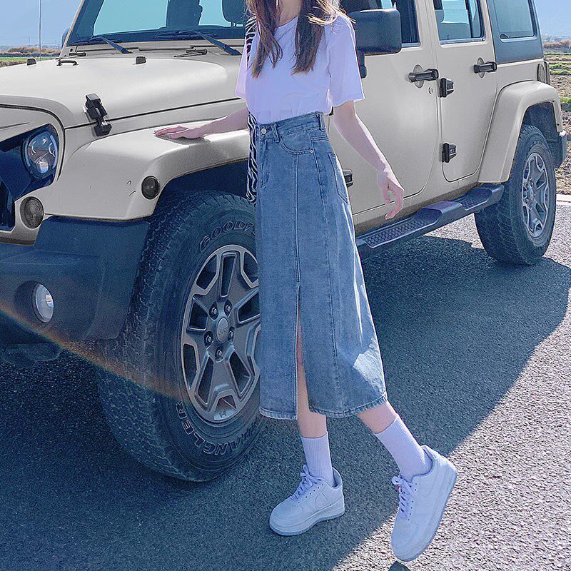 开叉牛仔半身裙子女夏季高腰显瘦中长款牛仔裙145小个子a字包臀裙