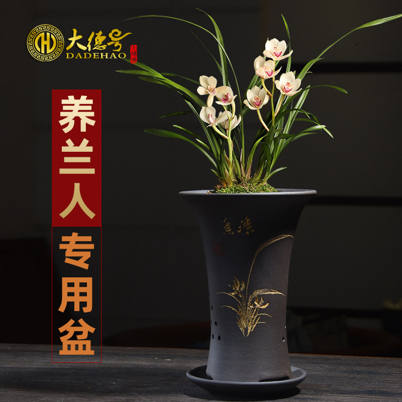 兰花盆陶瓷透气紫砂花盆带托盘小号吊兰君子兰蓝兰草兰花专用花盆图片