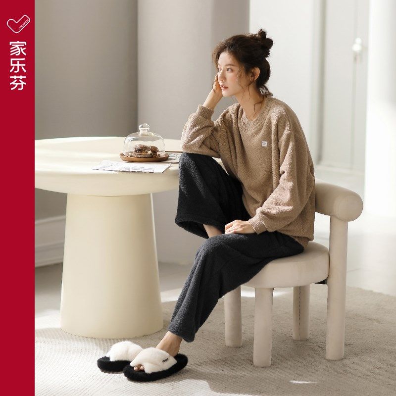 家乐芬睡衣女士秋冬款冬季珊瑚绒加厚加绒保暖家居服圆领套头套装