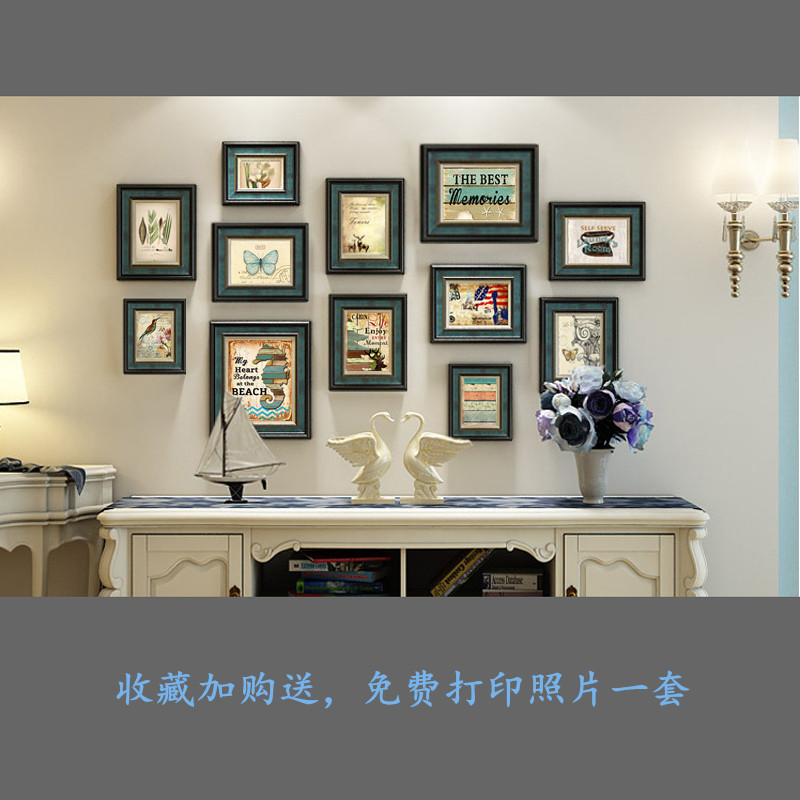 美式做旧实木复古照片墙轻奢免打孔组合相框墙客厅餐厅复古背景墙