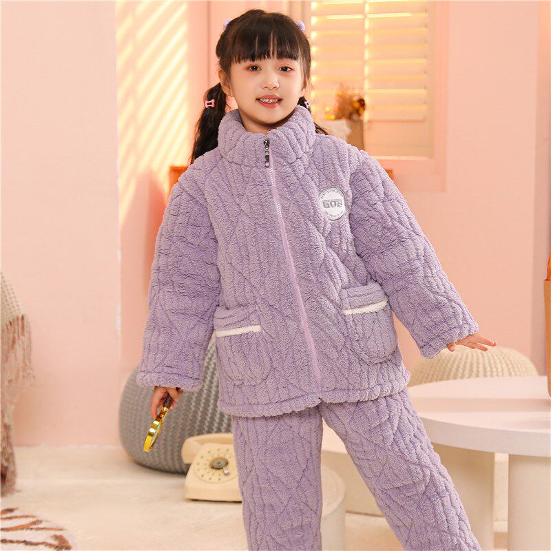 儿童睡衣冬天男童加绒加厚三层夹棉法兰绒女孩中大童家居服套装