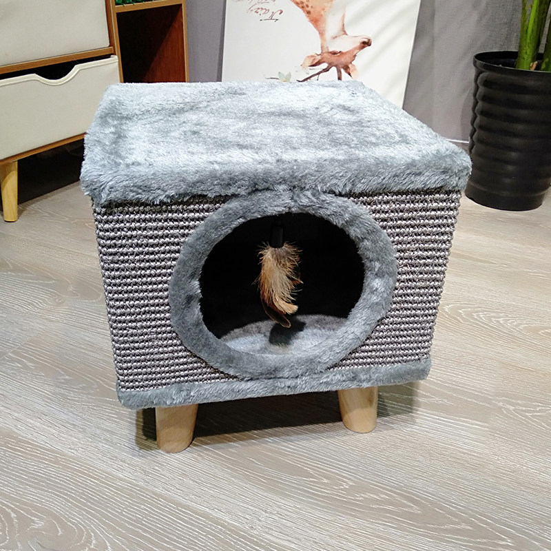 新款实木猫抓板凳子猫窝猫咪磨爪攀爬凳实木四角圆形方形可坐人凳